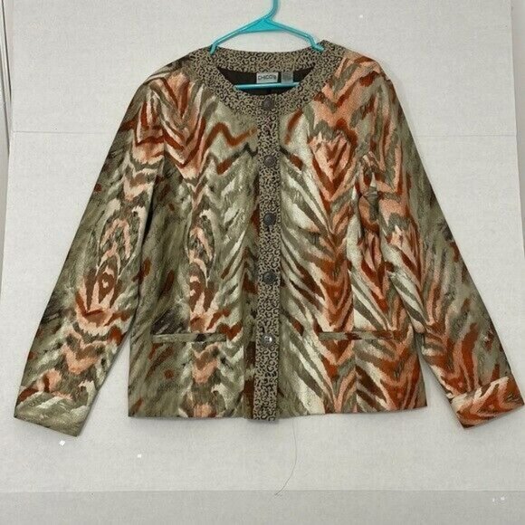 Chico's Jacket with Pockets, NWOT, Lined, Tan with Multicolor Animal Print, XL - Picture 1 of 9